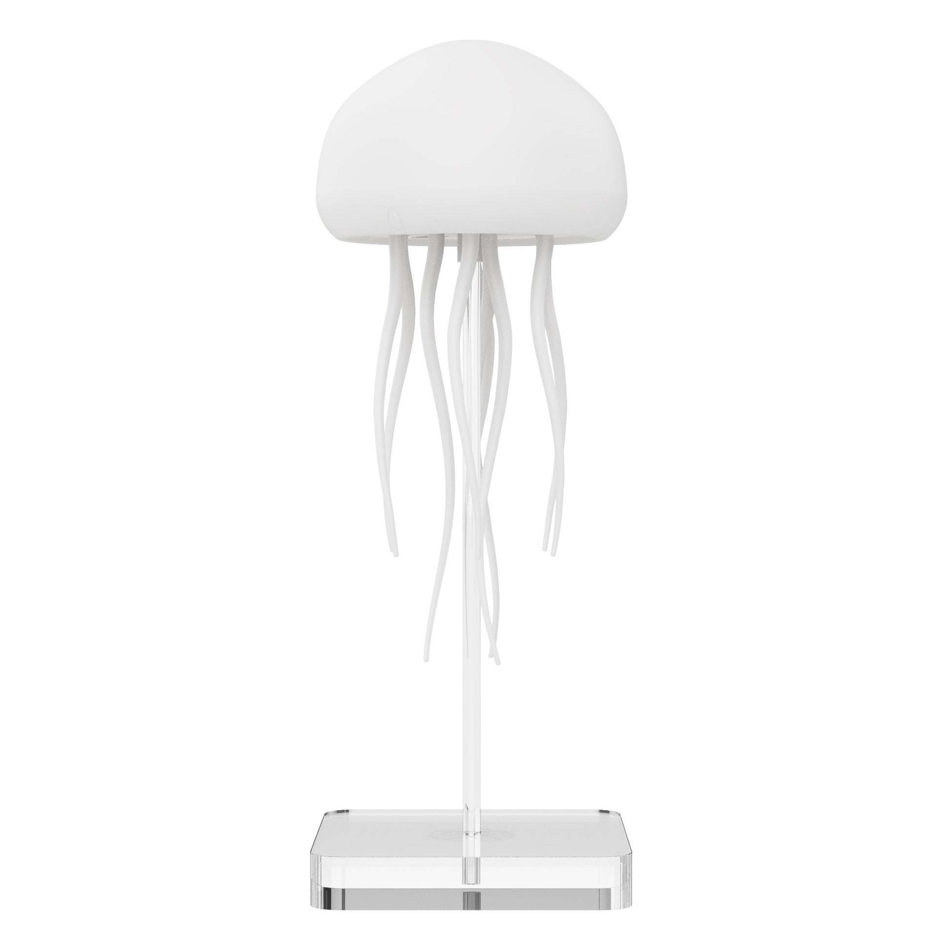 Jellyfish-shaped lamp with a white shade and clear base on a white background