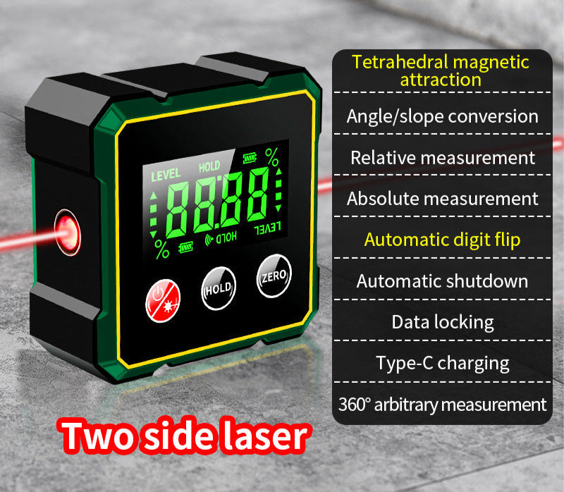 Magnetic digital angle finder with laser protractor & inclinometer for carpentry.