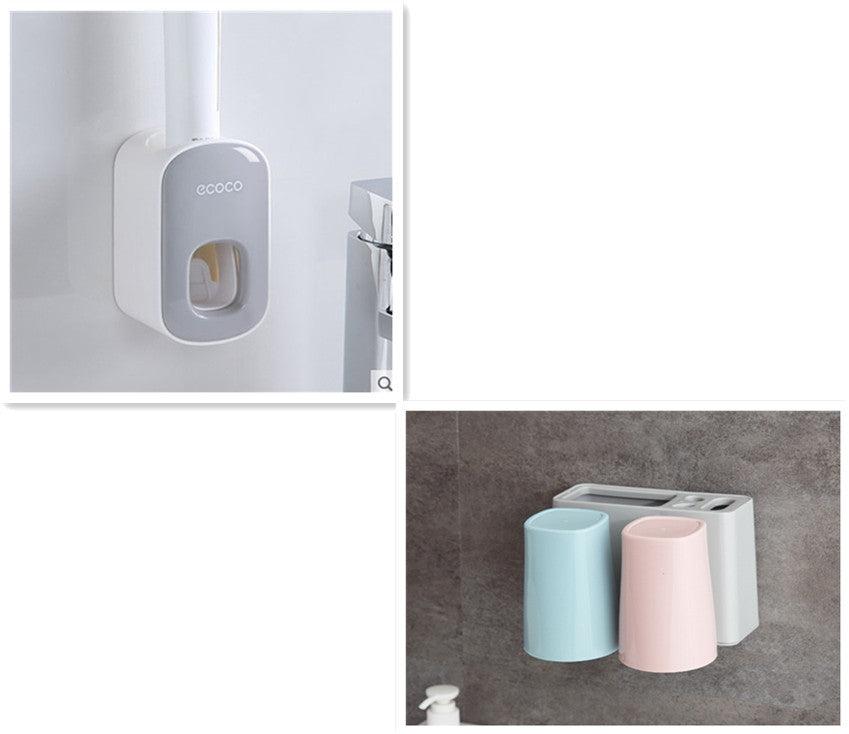 Wall-mounted soap dispenser and two toothbrush holders with cups on a gray background