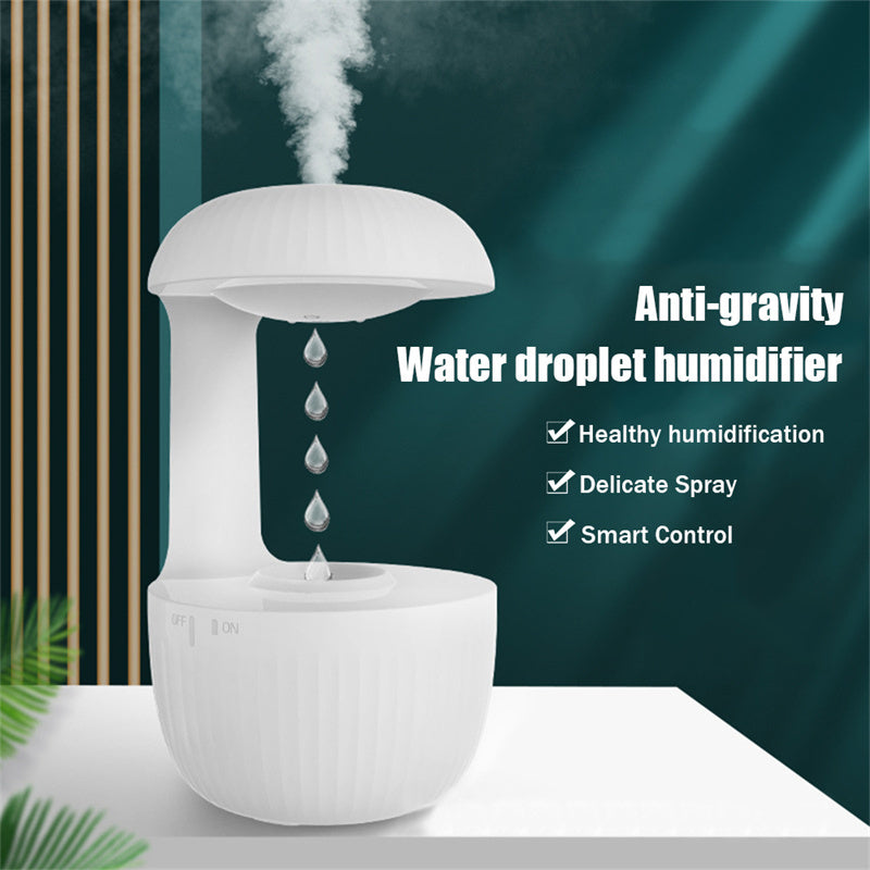 Anti-gravity water droplet humidifier with text on a green background