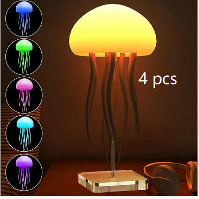 Jellyfish-shaped lamp with color-changing options on a dark background