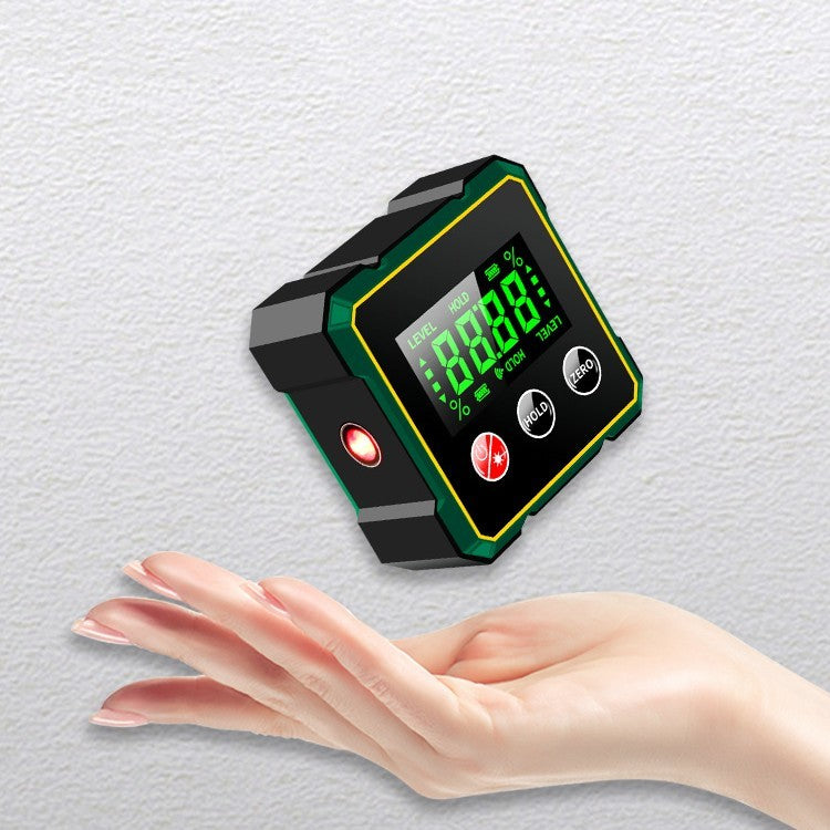 Magnetic digital angle finder with laser protractor & inclinometer for carpentry.