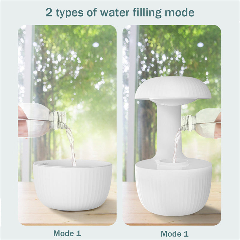 Two modes of water filling for a white container with a blurred green outdoor background.
