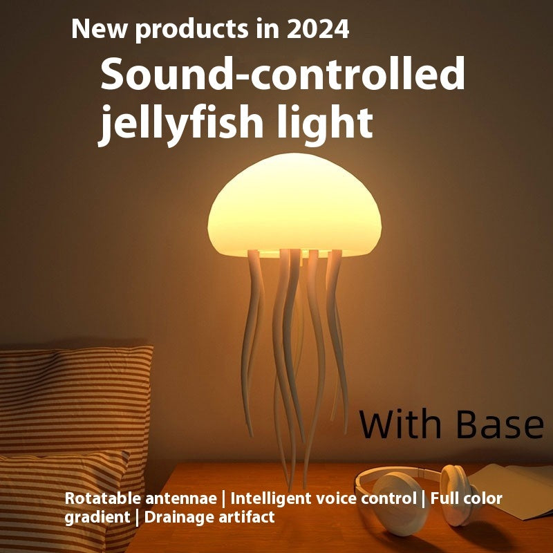 Sound-controlled jellyfish light with base on a wooden surface, text about new products in 2024.