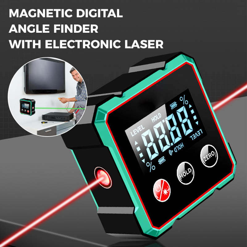 Magnetic digital angle finder with laser protractor & inclinometer for carpentry.