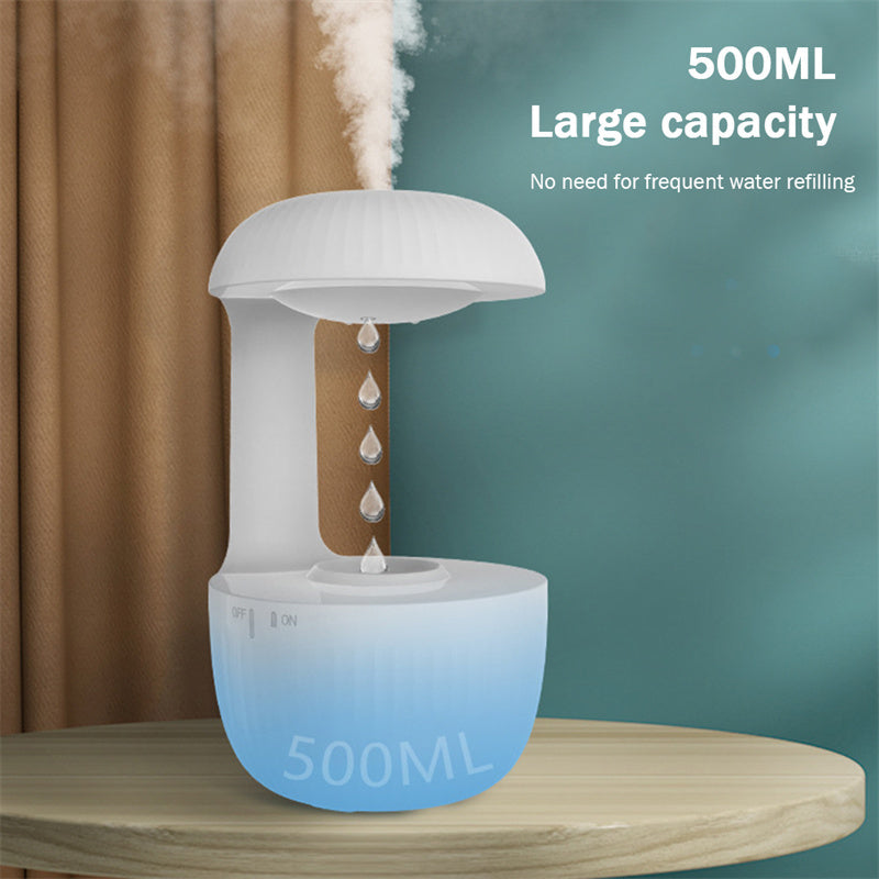 500ML humidifier with steam and water droplets on a wooden surface with a green background