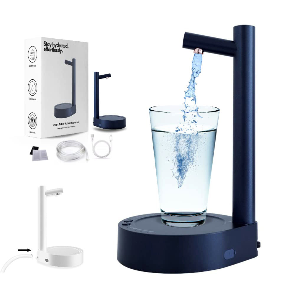 TiraMaga electric water dispenser pump on 5L bottle, 
USB rechargeable bottle pump dispensing water, 
food-grade silicone spout for water dispenser.
Blue water dispenser pouring water into a glass with packaging and accessories on a white background
