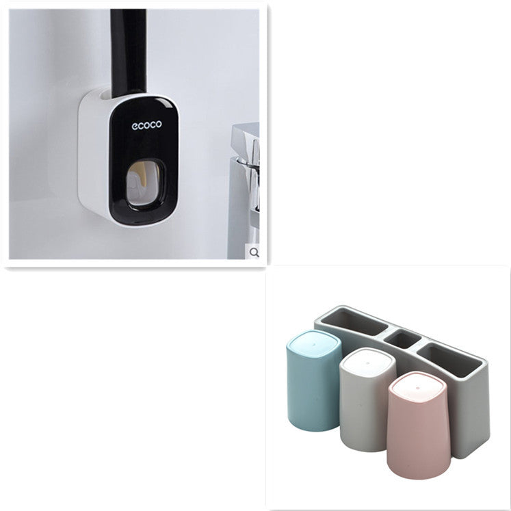 Set of three toothbrush holders in different colors with a wall-mounted electric toothbrush holder on a white background.