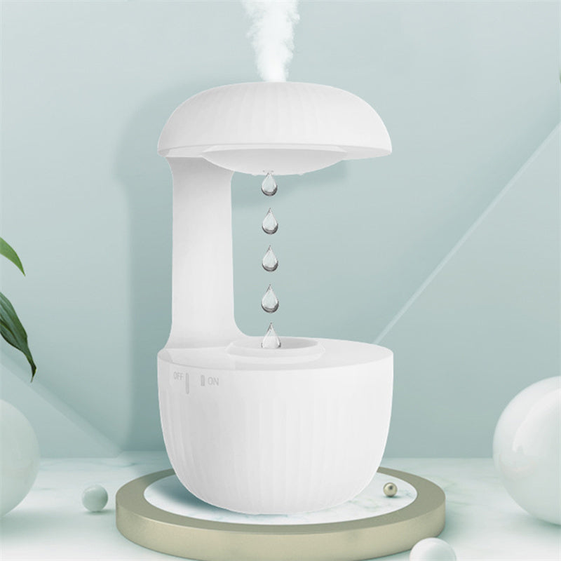 White humidifier with droplet design on a light blue background