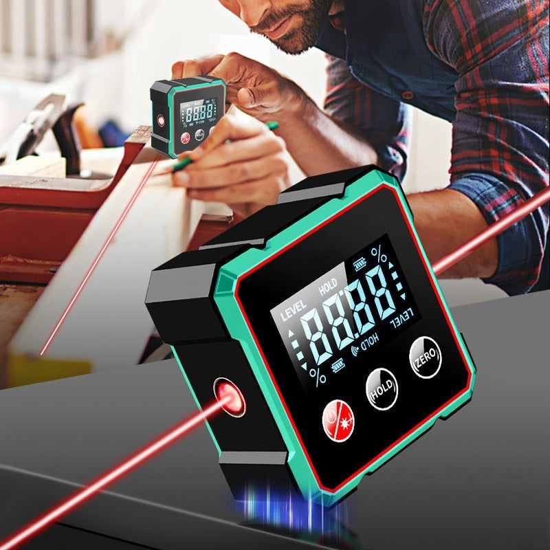 Magnetic digital angle finder with laser protractor & inclinometer for carpentry.