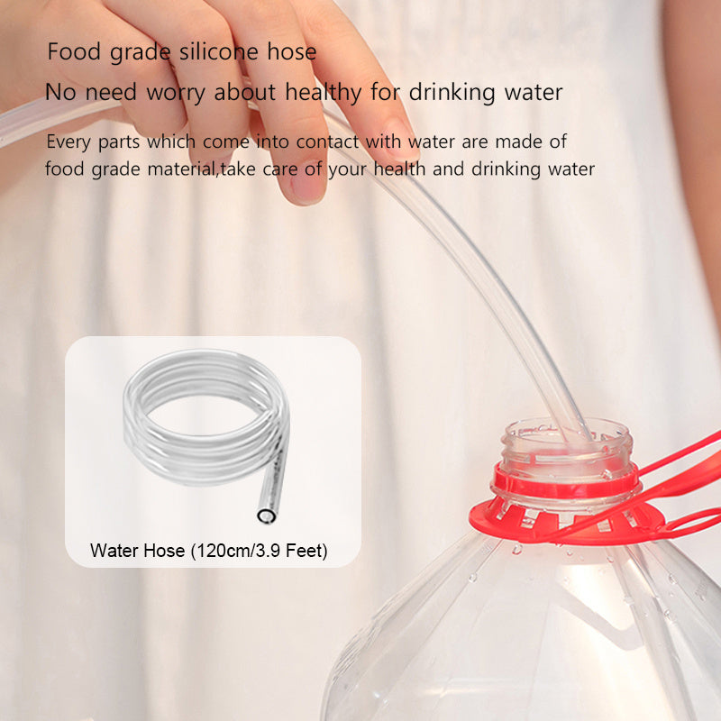 TiraMaga electric water dispenser pump on 5L bottle, 
USB rechargeable bottle pump dispensing water, 
food-grade silicone spout for water dispenser.
Food grade silicone hose being used with a container, highlighting its safety for drinking water.