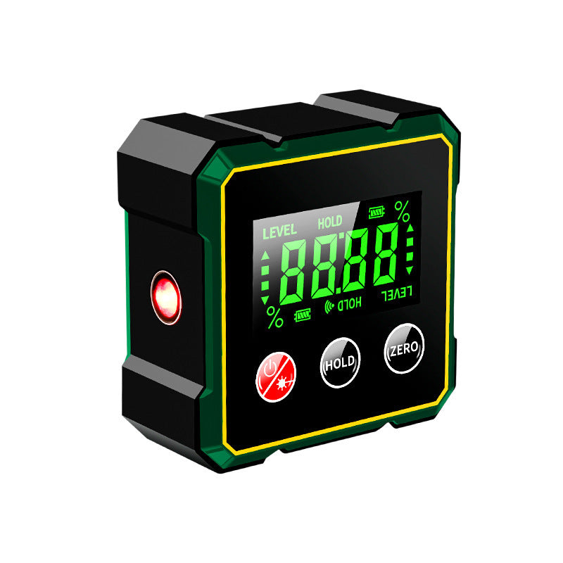 Magnetic digital angle finder with laser protractor & inclinometer for carpentry.