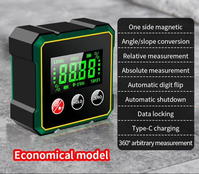 Magnetic digital angle finder with laser protractor & inclinometer for carpentry.